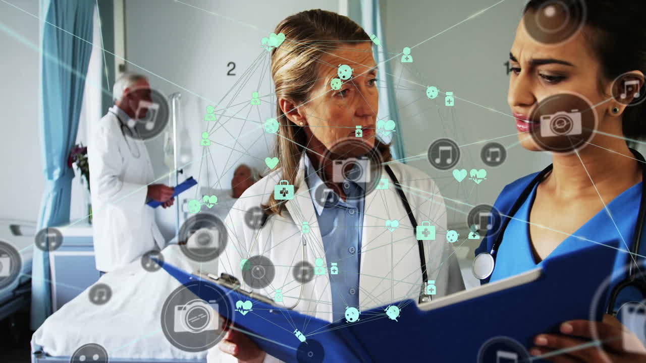 Reviewing digital health data, doctors analyzing patient files with animation icons