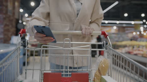 woman using smartphone in a grocery store