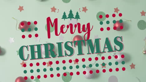 animation of merry christmas text and pattern over christmas decorations background