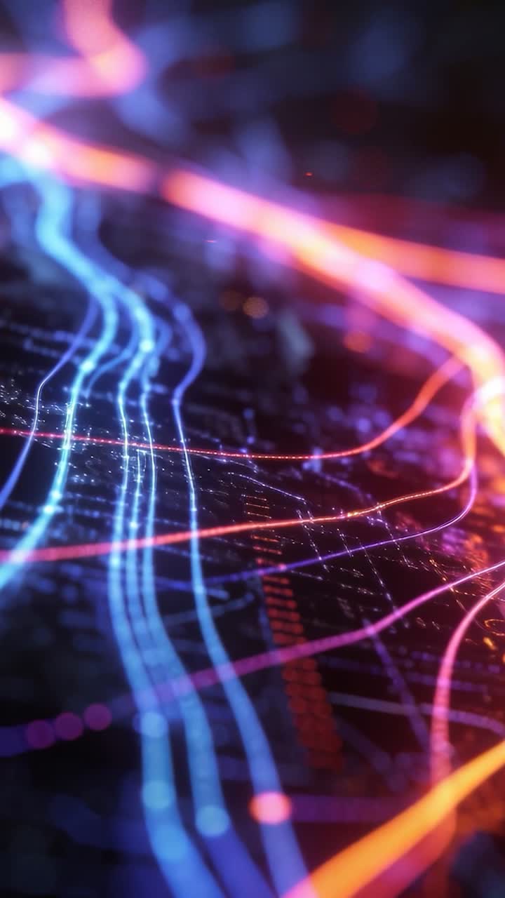 Glowing light trails receiving data pulses, moving along dark grid and visualizing network flow