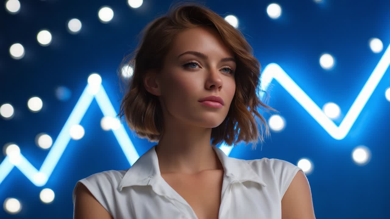 A captivating young woman with flowing hair stands gracefully against a mesmerizing backdrop of glowing blue lights and dynamic patterns, showcasing confidence and allure in a sophisticated white blouse