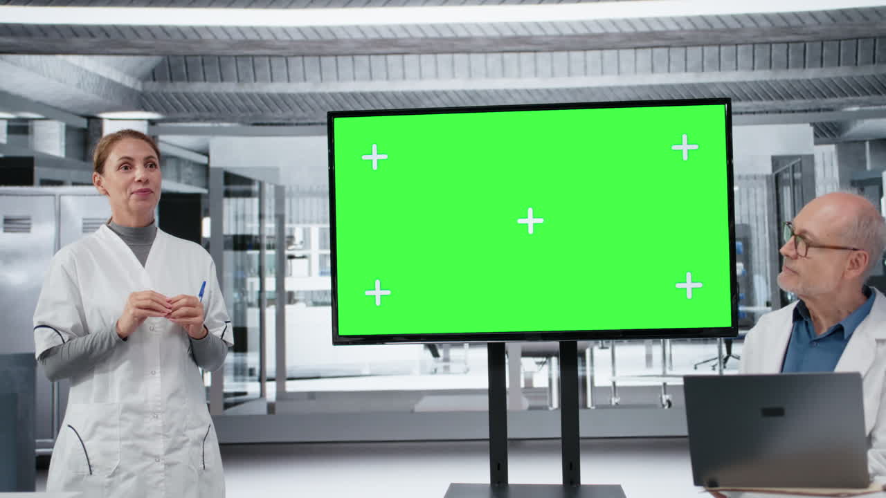 Display con schermo verde utilizzato da un biochimico che presenta scoperte innovative