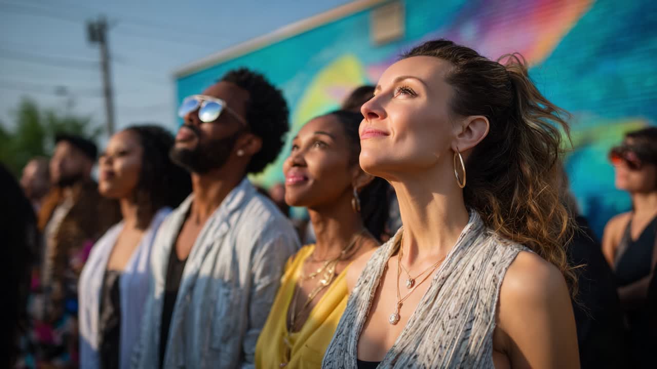 People looking up at mural