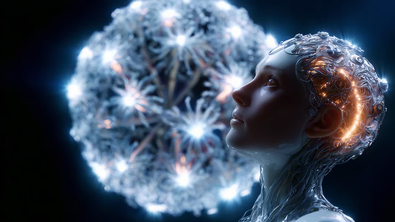 Fusione complessa di uomo e tecnologia: un ritratto futuristico illuminato da reti neurali bioluminescenti e innovazioni cibernetiche in una mistica luminescenza