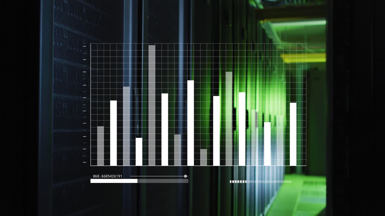 animación del procesamiento de datos estadísticos contra la sala de servidores informáticos