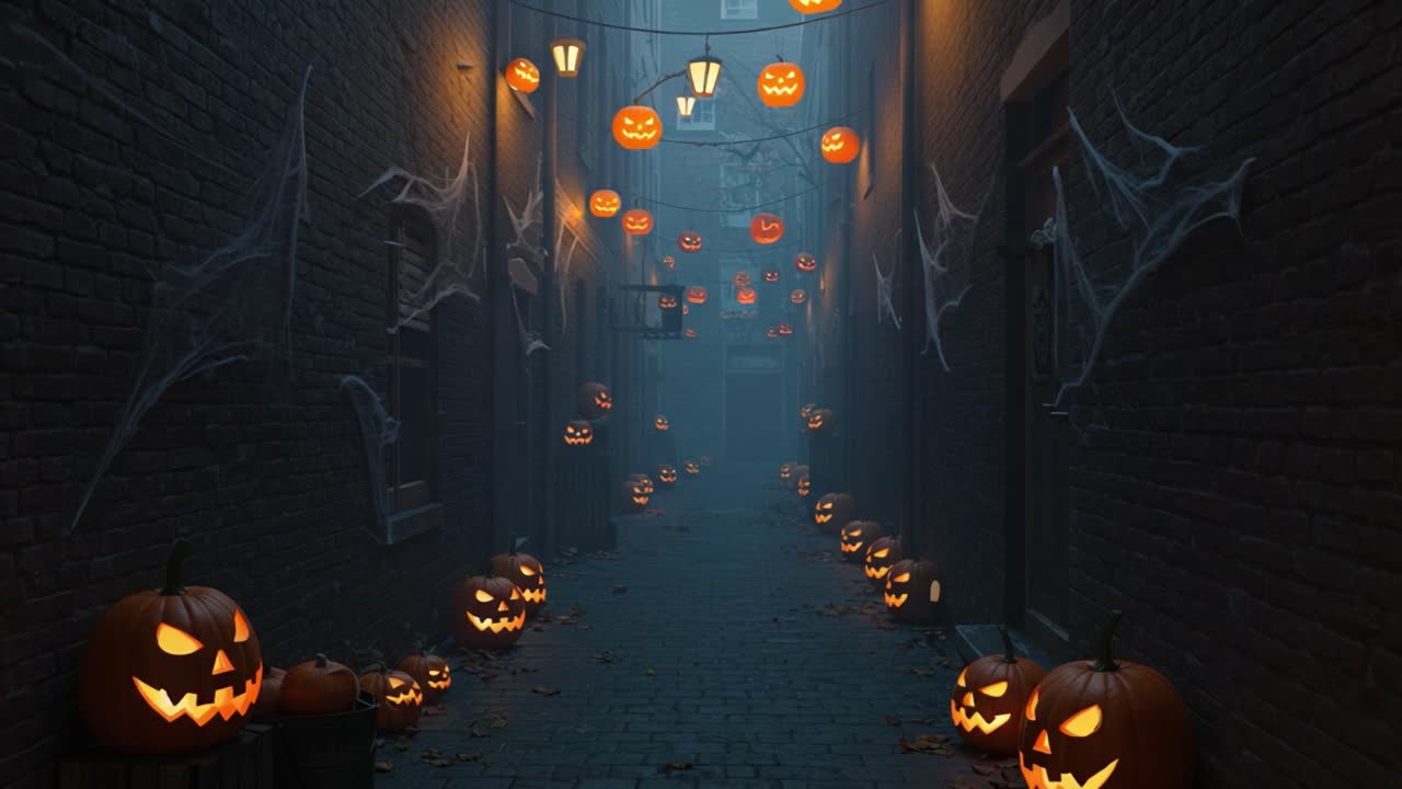 Spooky Halloween Alleyway Decorated with Grinning Pumpkins and Glowing Lanterns, Enveloped in Misty Darkness and Cobwebs for an Eerie Ambiance