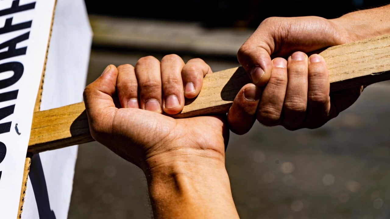 Gripping hands initiating sign adjustment on paved street, securing wooden stake and cardboard sign