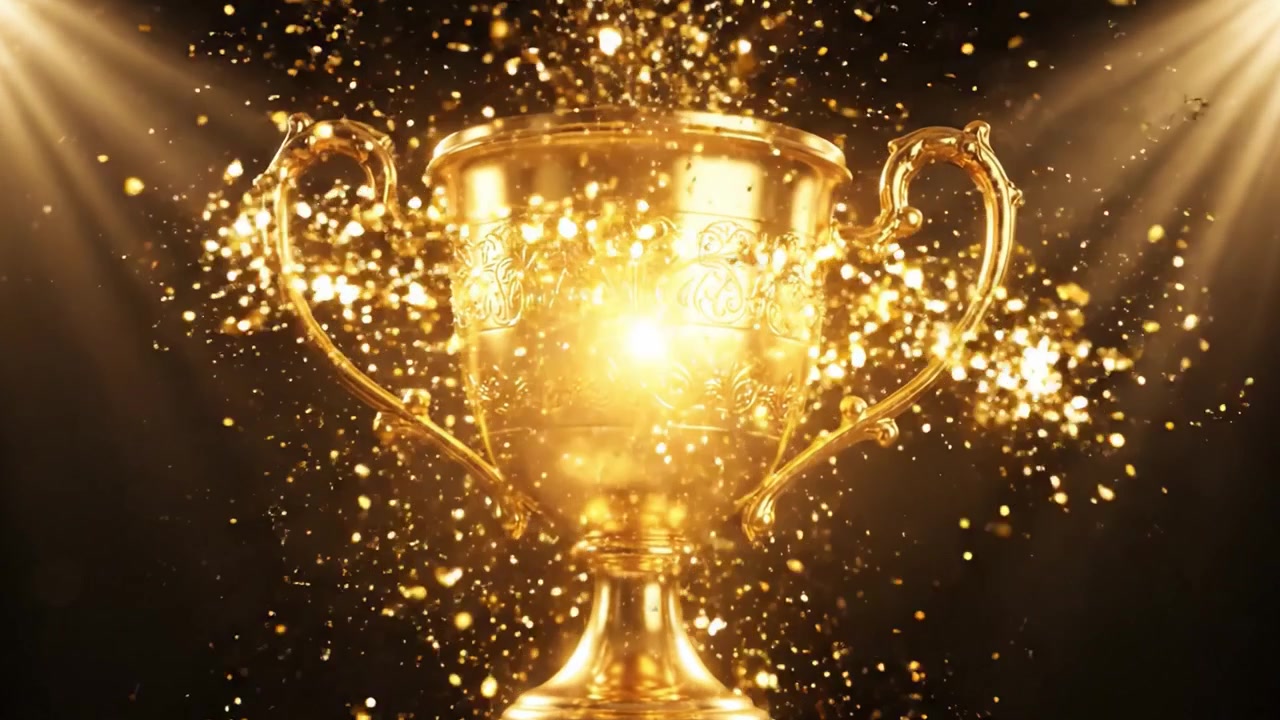 Trofeo d'oro brillante sotto i riflettori: simbolo di successo e vittoria che celebra il successo e l'eccellenza nella competizione e il riconoscimento per il lavoro.