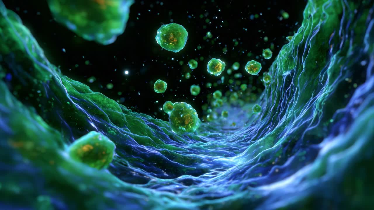 Microscopic Visualization of Cellular Structures: Examining the Intricate World of Microbes within a Vibrant, Fluidic Environment under a Dark Background