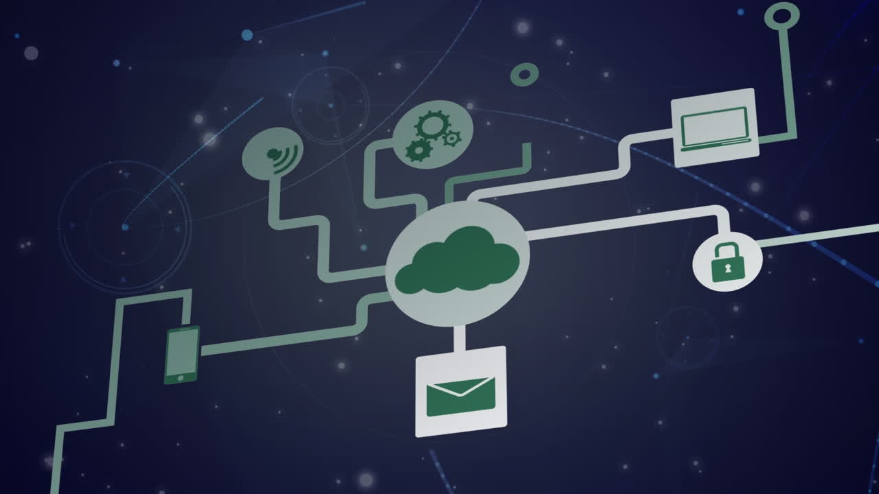 Animation of network of connections with icons on black background