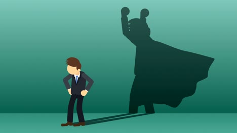 hombre de negocios de pie con la sombra del superhéroe. símbolo de negocios. ganador y concepto de desafío. animación de bucle cómico.