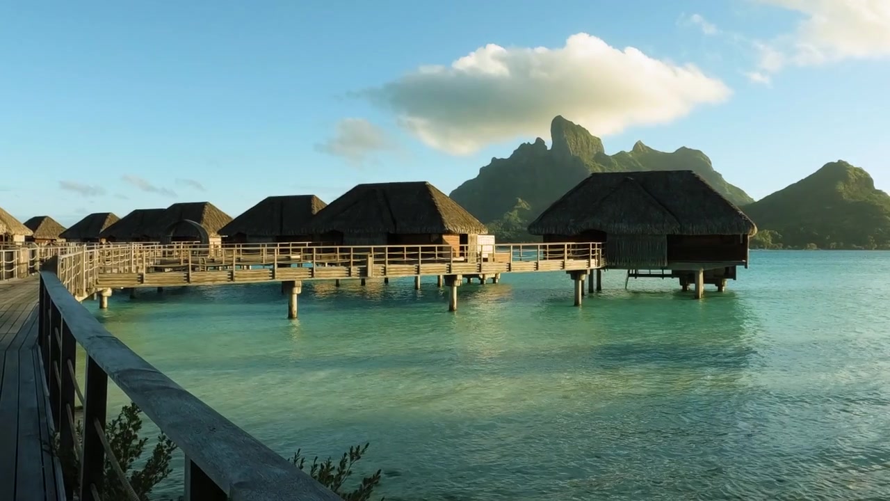 Sunset Above Bora Bora Island and Overwater Bungalows of Luxury Resort, Elevated Pathway Point of View