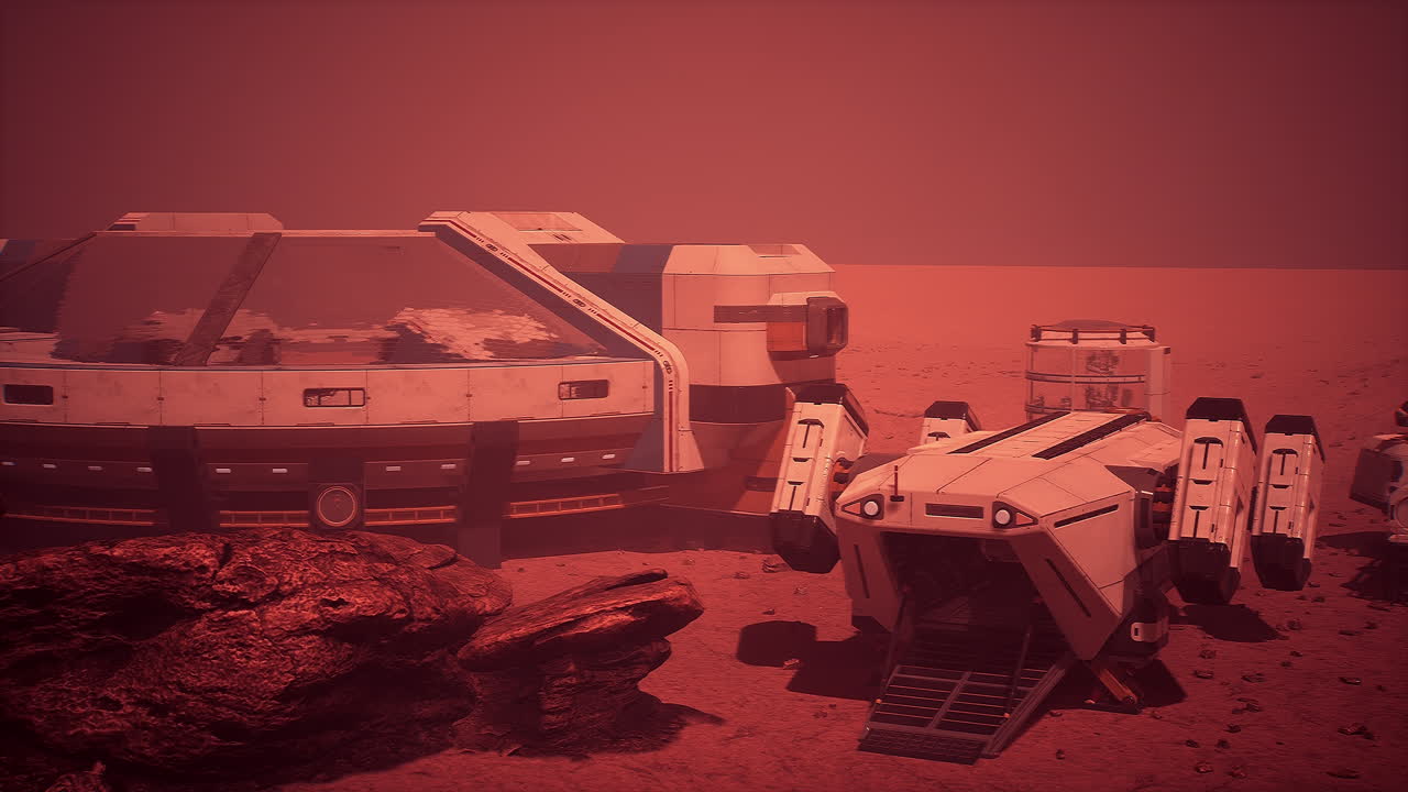Martian colony base and rover on mars planet