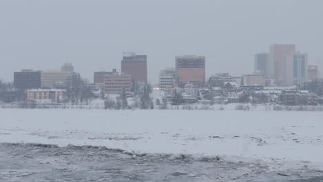 frozen knik arm river and anchorage city of alaska usa on a snowy day