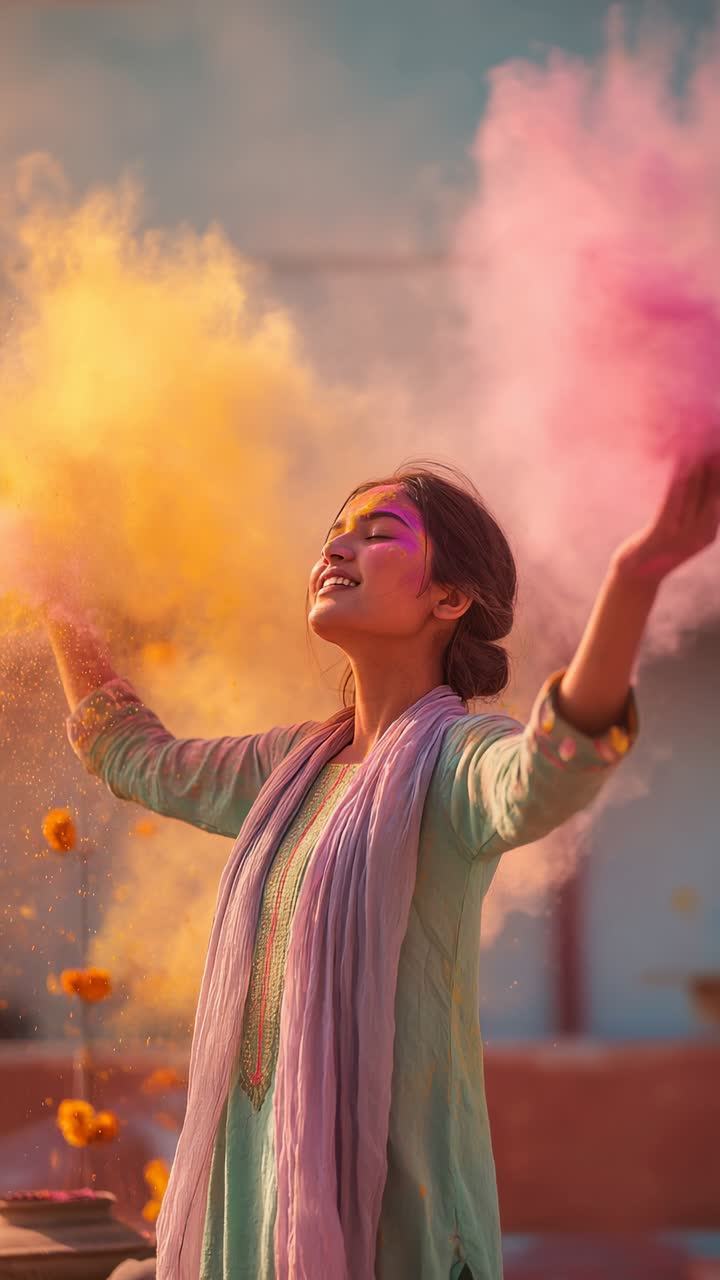 Giovane donna che celebra il festival Holi con vivaci polveri colorate