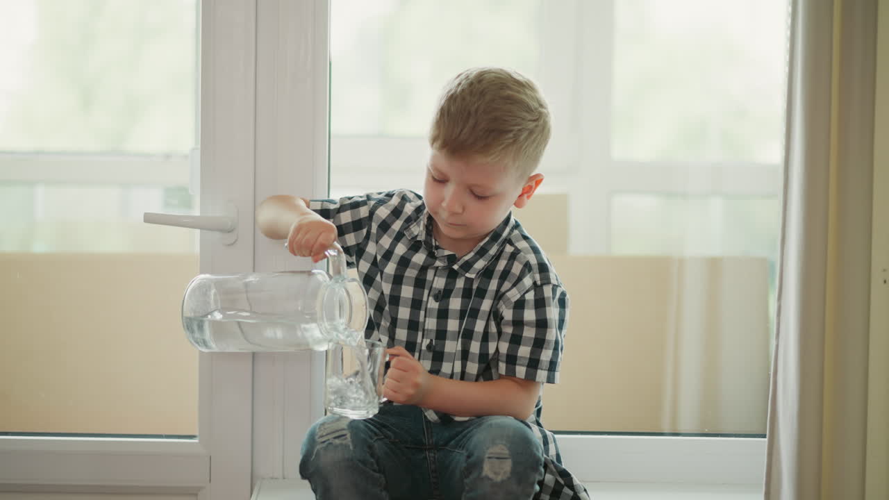 young boy in checkered shirt seated barefoot on window ledge carefully placing glass cup on leg and pouring clear water from transparent jug into it in bright indoor setting