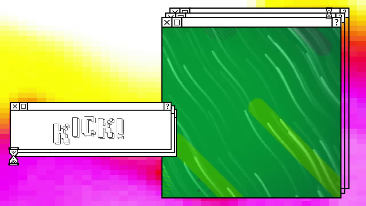 Animation of kick text and light trails on windows with egg timer over colourful computer desktop