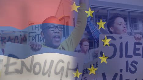 animation of flag of netherlands and european union over diverse female and male protesters