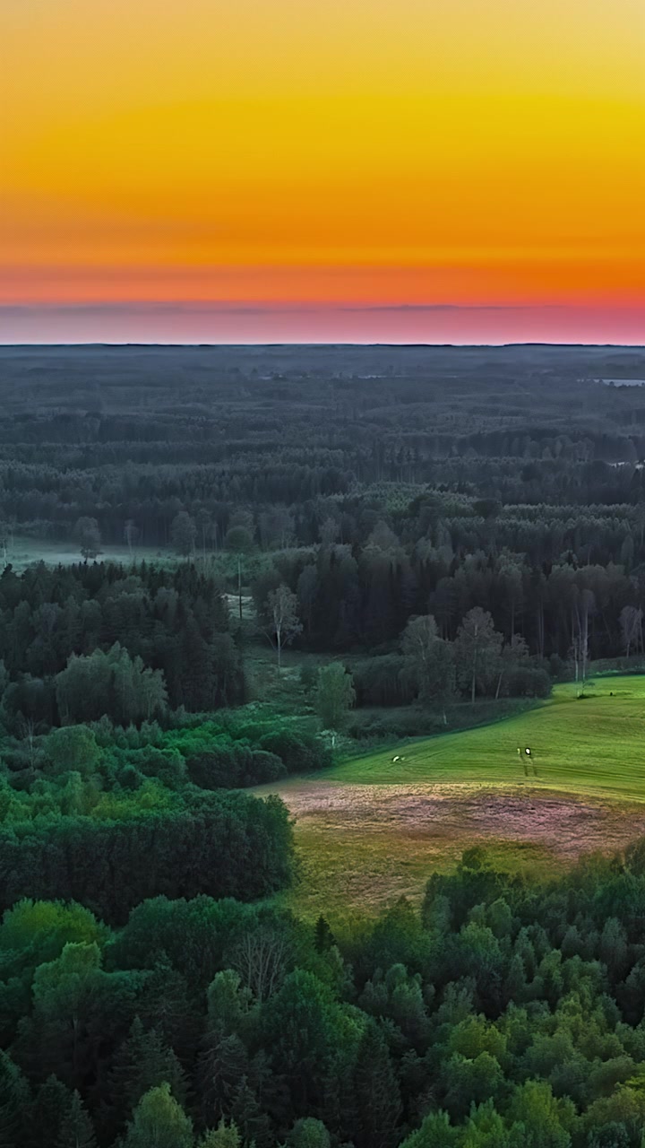 Timelapse verticale aerea che rivela un'intensa sfumatura di cielo arancione e rosa dopo il tramonto, che risplende sopra una vasta e infinita chioma di foresta verde scuro che si estende fino all'orizzonte piatto in Lettonia.