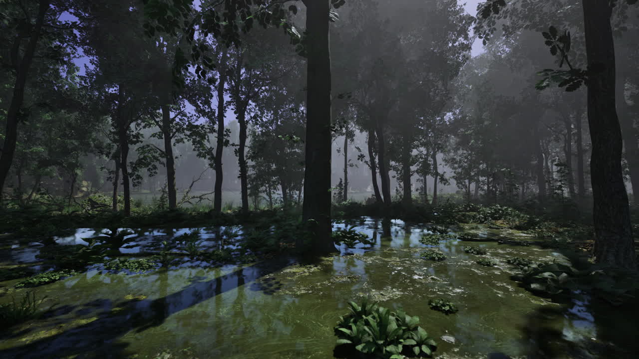 Enchanted forest at dawn with mist enveloping tranquil waters and trees