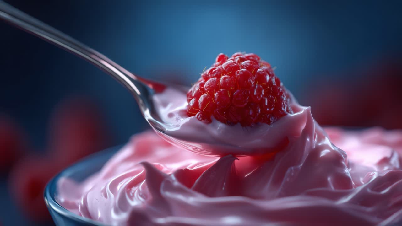 Delicious Creamy Dessert with Raspberries: A Close-Up View of Whipped Pink Yogurt Garnished with Fresh Juicy Raspberries and a Shiny Spoon
