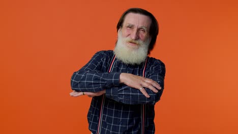 mature old bearded grandfather spread hands and give hug to you, pleasant expression, love feelings