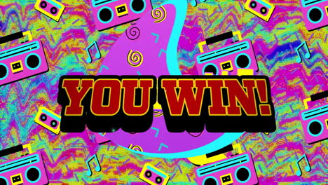 winning text animation over colorful retro-themed background with boomboxes and music notes