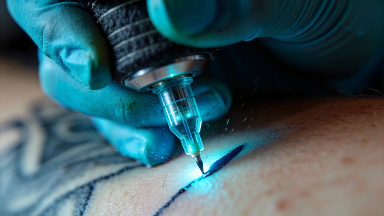 Artista che, seguendo una guida, trascina l'ago sulla pelle per aggiungere una linea blu vicino a linee nere in studio.