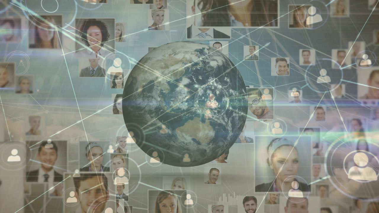 Animation of network of business profile icons over spinning globe against clouds in the sky