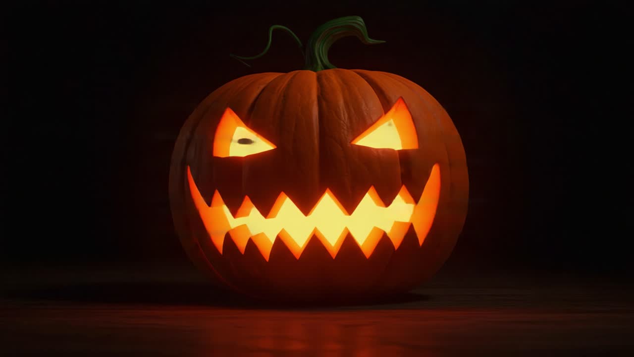 A Spooky Glitchy Pumpkin Jack-o'-Lantern Illuminated in Dark Background, Perfectly Capturing the Eerie Spirit of Halloween Celebrations and Festivities