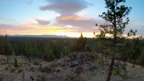 Sunset-Aerial-flying-by-trees-and-rocks-toward-mountain-range-in-Oregon