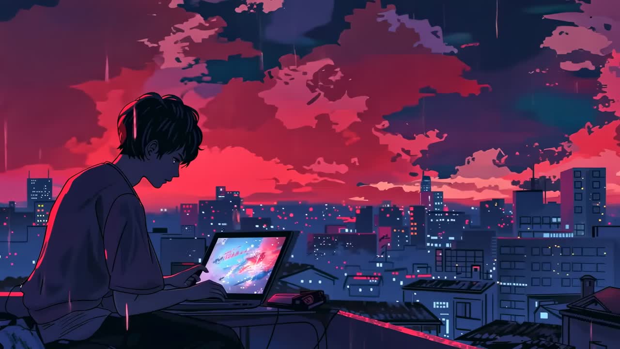 Anime-style scene of a person using a laptop on a rooftop at sunset