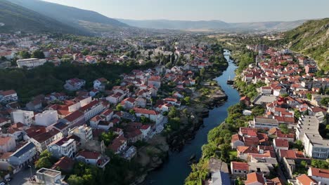 aerial drone view of mostar town city bosnia and herzegovina balkan country balkans old bridge neretva river stari most summer july