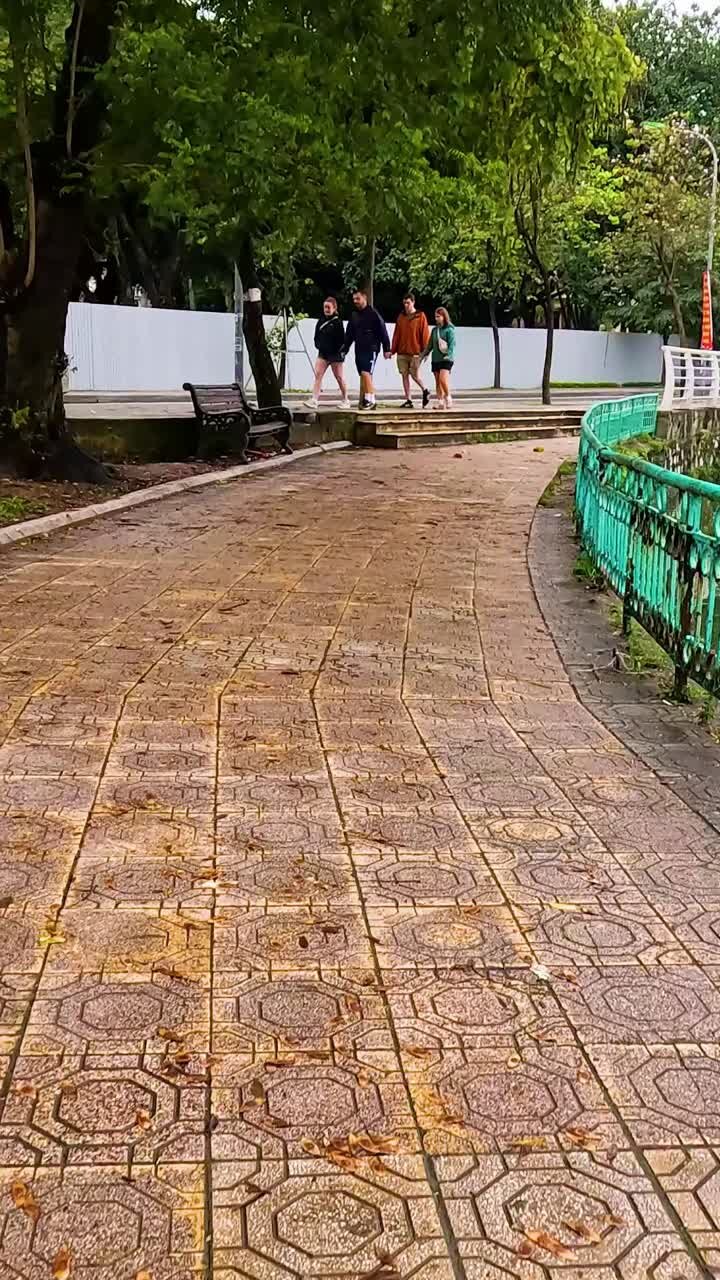 Peaceful lakeside path with trees and benches