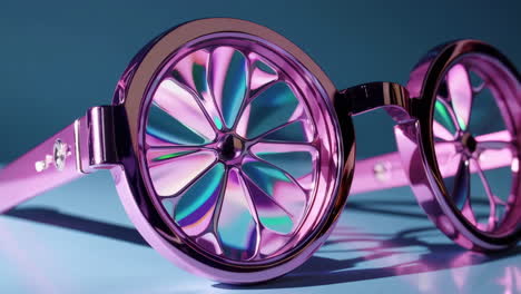 stylish pink round holographic sunglasses on blue background