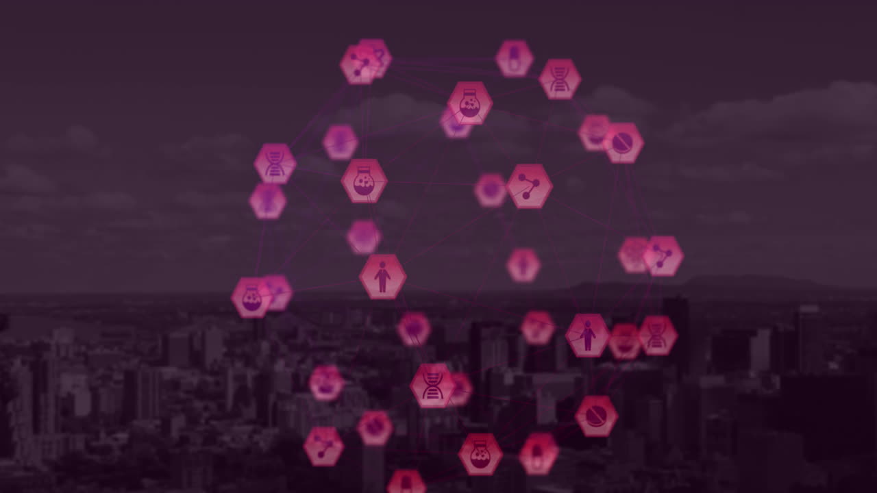 도시 풍경을 배경으로 디지털 아이콘의 세계