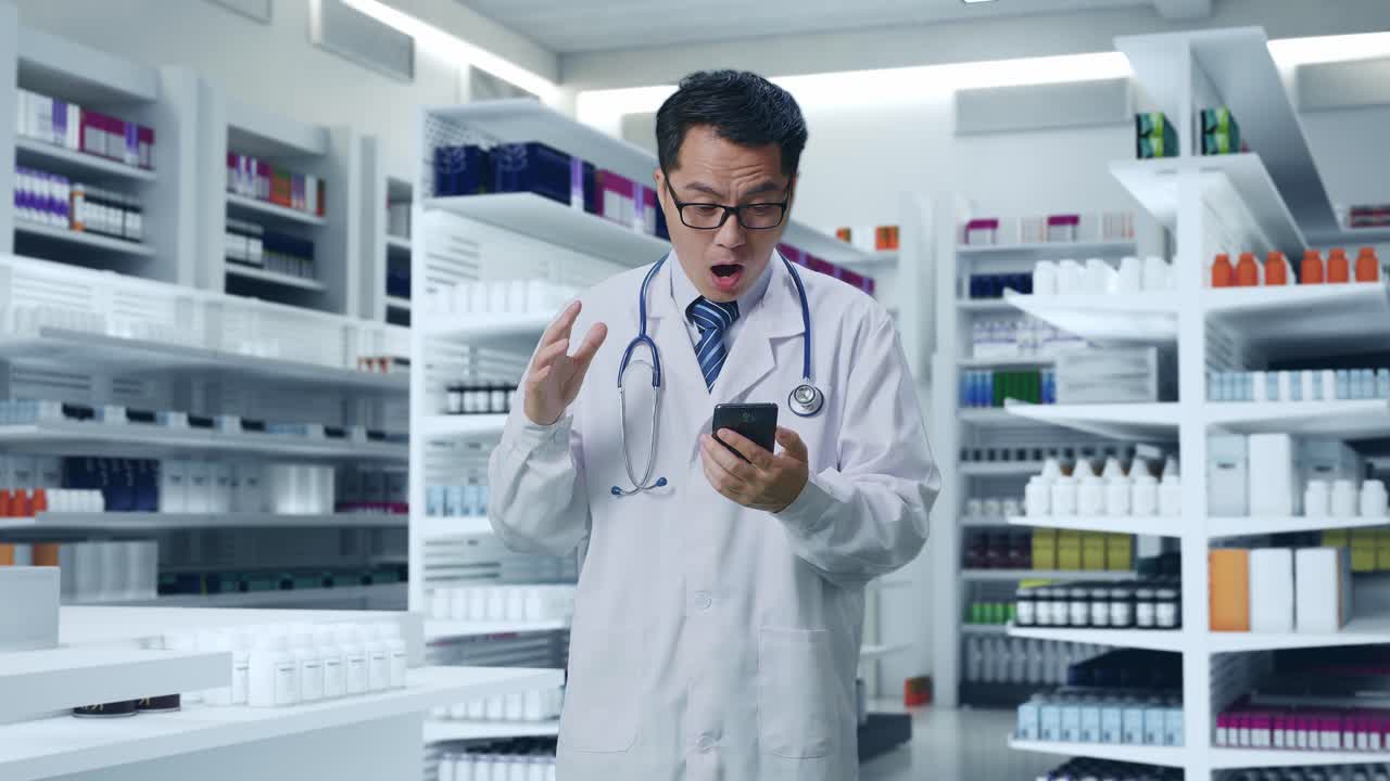스마트폰을 사용하고 약국에 서서 와우라고 말하는 스테토스코프를 가진 아시아 남성 의사