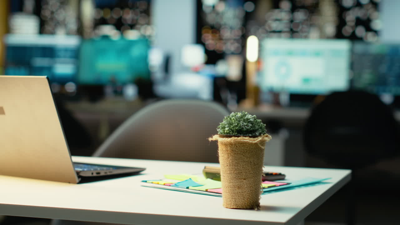 Vertical Video Professional empty office features computers and forecasting equipment