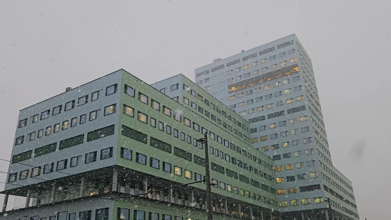 Heavy snowfall at the modern ZNA Cadix hospital in Antwerp, Belgium