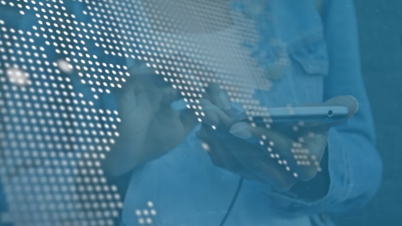 Animation of shapes and data processing over african american woman using smartphone