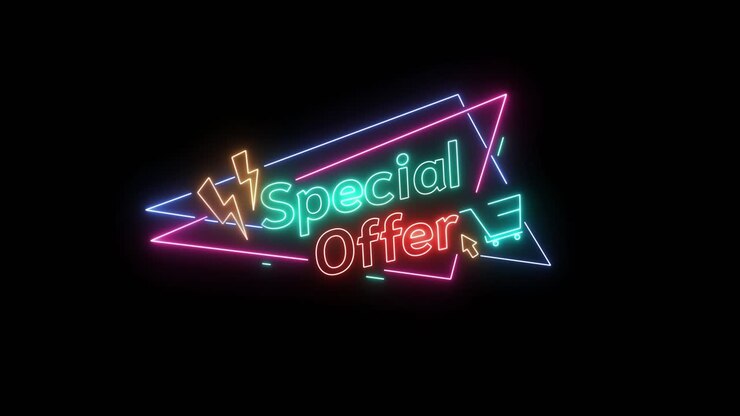 Testo al neon vivace che si illumina su sfondo nero con forme geometriche tremolanti e icona del carrello.