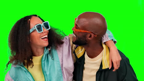 Comic,-peace-and-a-gen-z-couple-on-a-green-screen