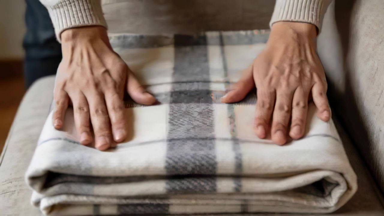 Landing hands smoothing folded plaid wool blanket on sofa, straightening folds with sweater sleeves