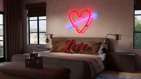 Cama-De-Día-De-San-Valentín,-Señalización-De-Neón-En-Forma-De-Corazón,-Amor,-Habitación-De-Hotel,-Romántico,-Render-3d