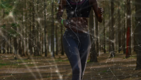animación de la red de conexiones sobre la mujer corriendo haciendo ejercicio en el bosque