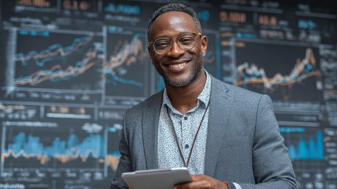 Professionnel confiant analysant les données et les tendances du marché boursier avec une tablette dans un environnement de bureau moderne