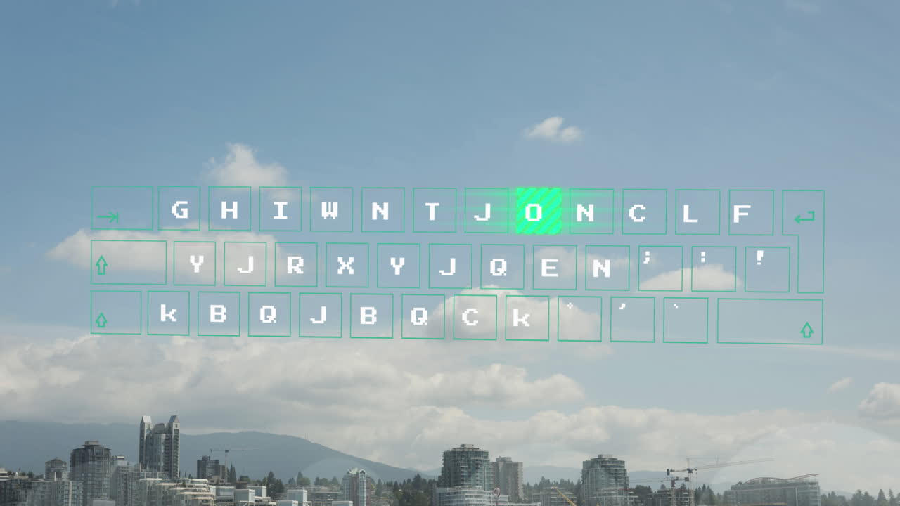 푸른 하늘의 도시 풍경과 구름의 전망에 대한 데이터 처리 애니메이션