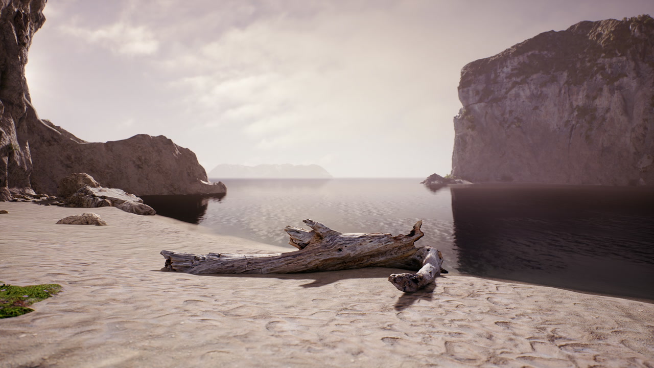 Tranquil beach with a driftwood log and rocky cliffs during twilight