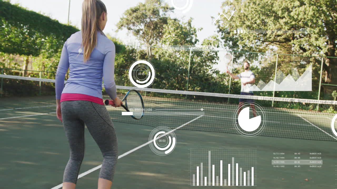 Woman swinging racket on outdoor tennis court, displaying fitness data timers, charts, line graphs
