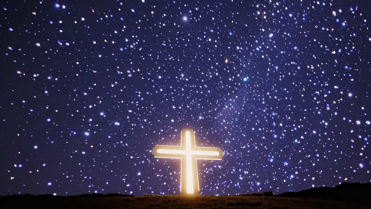 A glowing cross under a starry night sky, captured from a low-angle, creating a serene and spiritual